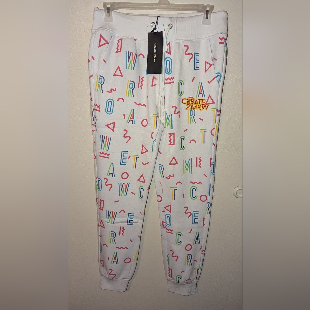 CREATE 2MRW GRAPHIC JOGGER PANTS SIZE LARGE WHITE MULTI NWT - Picture 2 of 8